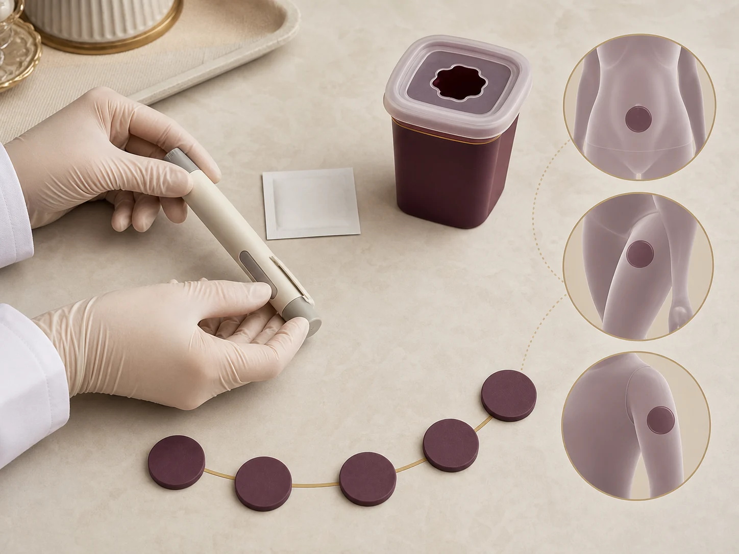 Gloved clinician preparing sterile equipment beside diagrams of arm and thigh injection sites
