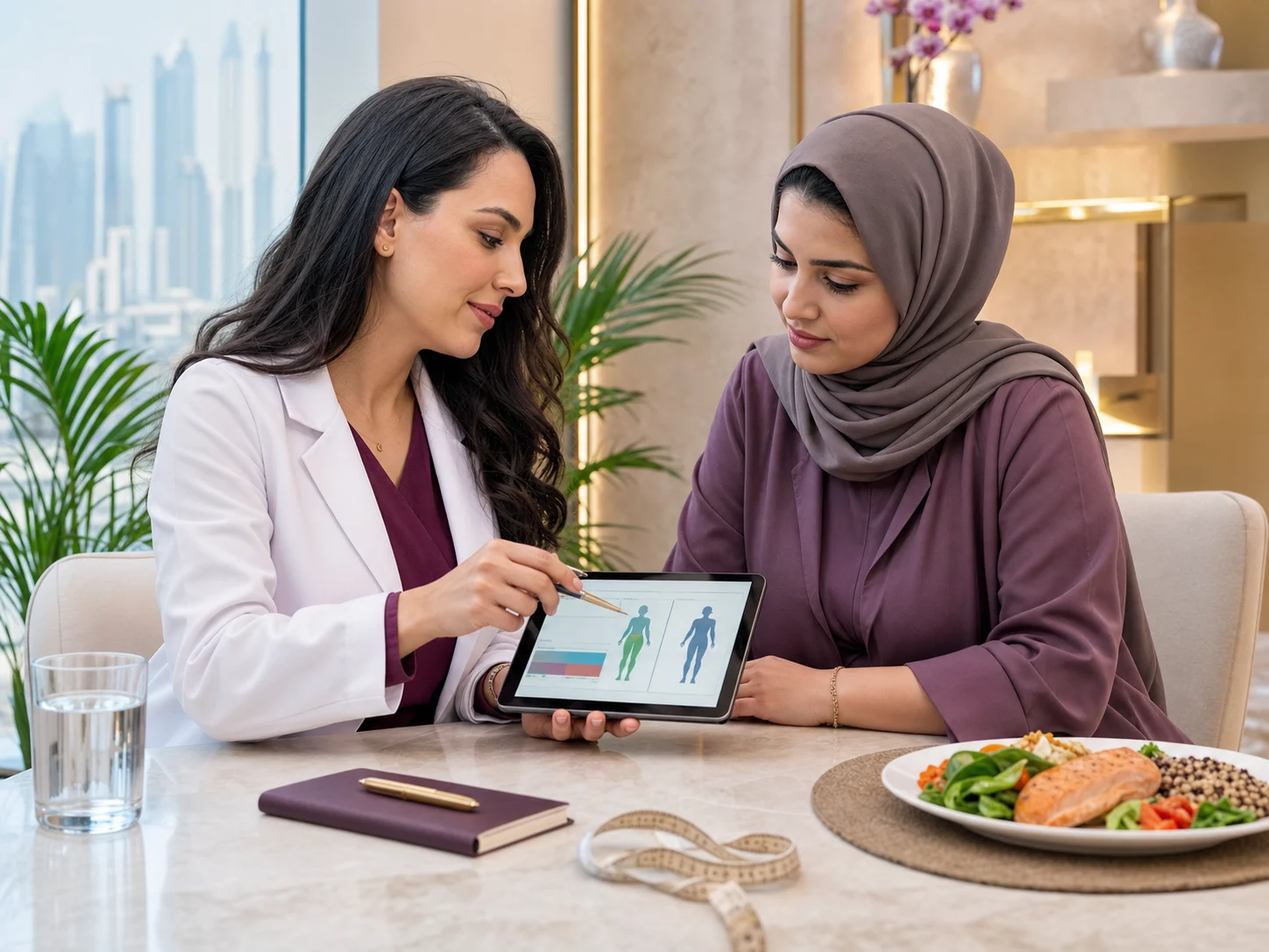 Clinician reviewing an individual body-composition assessment with a patient in a consultation room